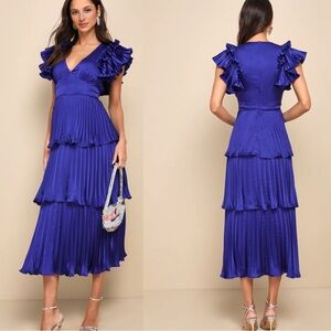 Lulu's Stunning Desire Cobalt Blue Satin Pleated Tiered Midi Dress - Size Small